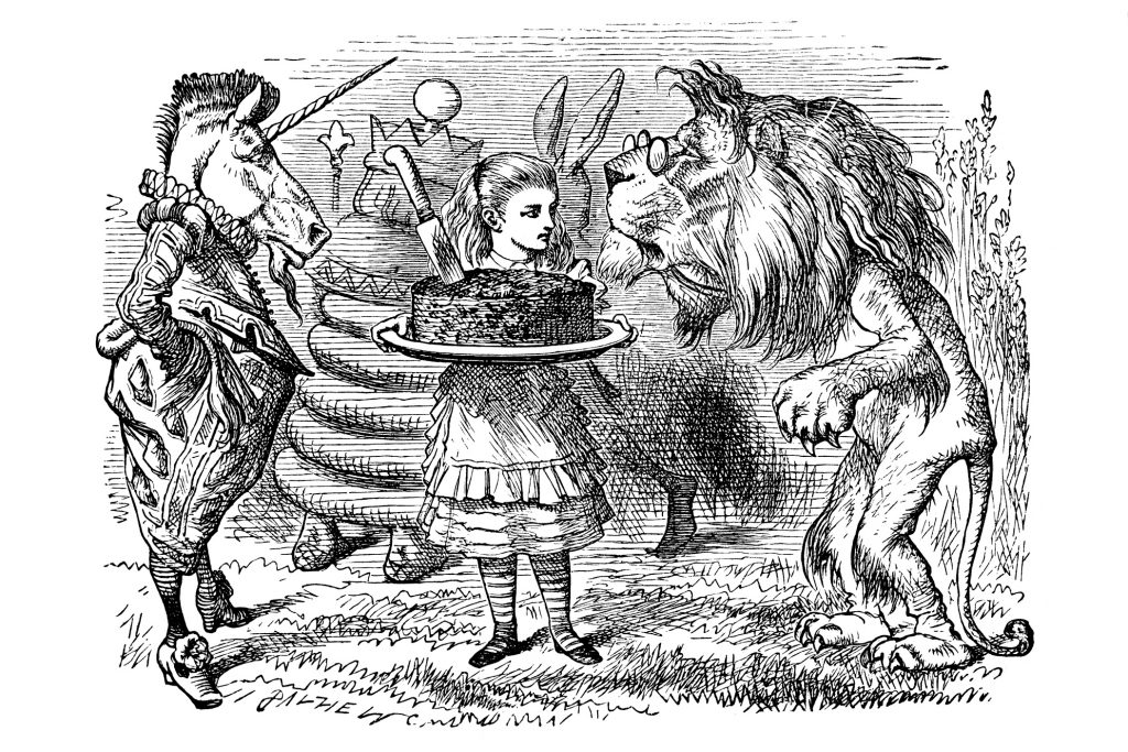 Illustration by John Tenniel. Alice stands between a lion and a unicorn holding a plate of cake